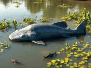 A massive Mekong Giant Catfish in the Mekong River, showcasing its silver body, lush aquatic habitat, and the conservation efforts to protect this endangered species.