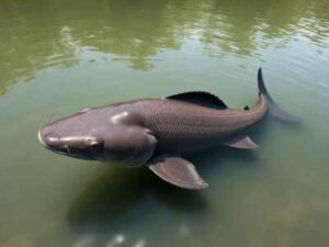 Mekong Giant Catfish swimming in the Mekong River, with conservation efforts and sustainable fishing practices being implemented for the species' survival