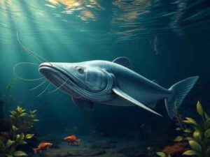 An underwater depiction of the Mekong Giant Catfish in the Mekong River, showcasing its large silver body, long whisker-like barbels, and massive size amidst a calm, nutrient-rich aquatic environment with smaller fish and plants.